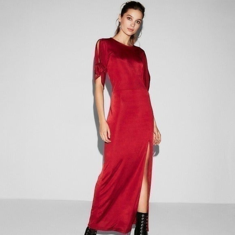 EXPRESS Tie Sleeve High Slit Maxi Dress Silky Satin Red Small